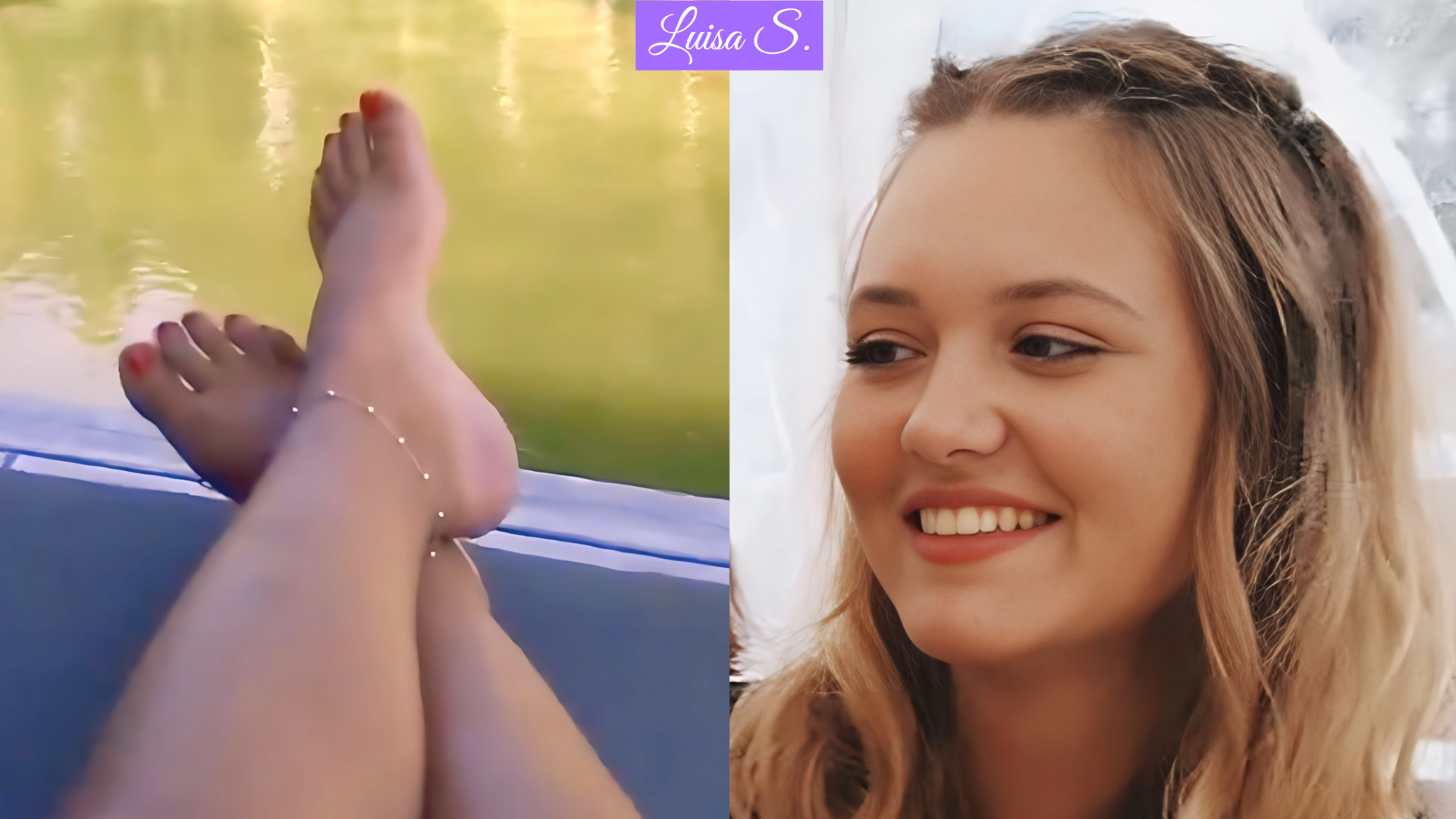 Close-up of Luisa Söldenwagner's bare soles being tickled with a feather